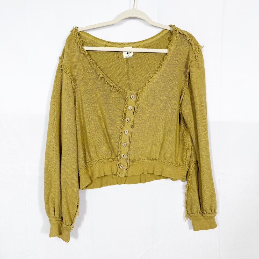 Free People X We The Free Golden Road Cardigan Curly Willow Mustard Olive Crop - Picture 2 of 15